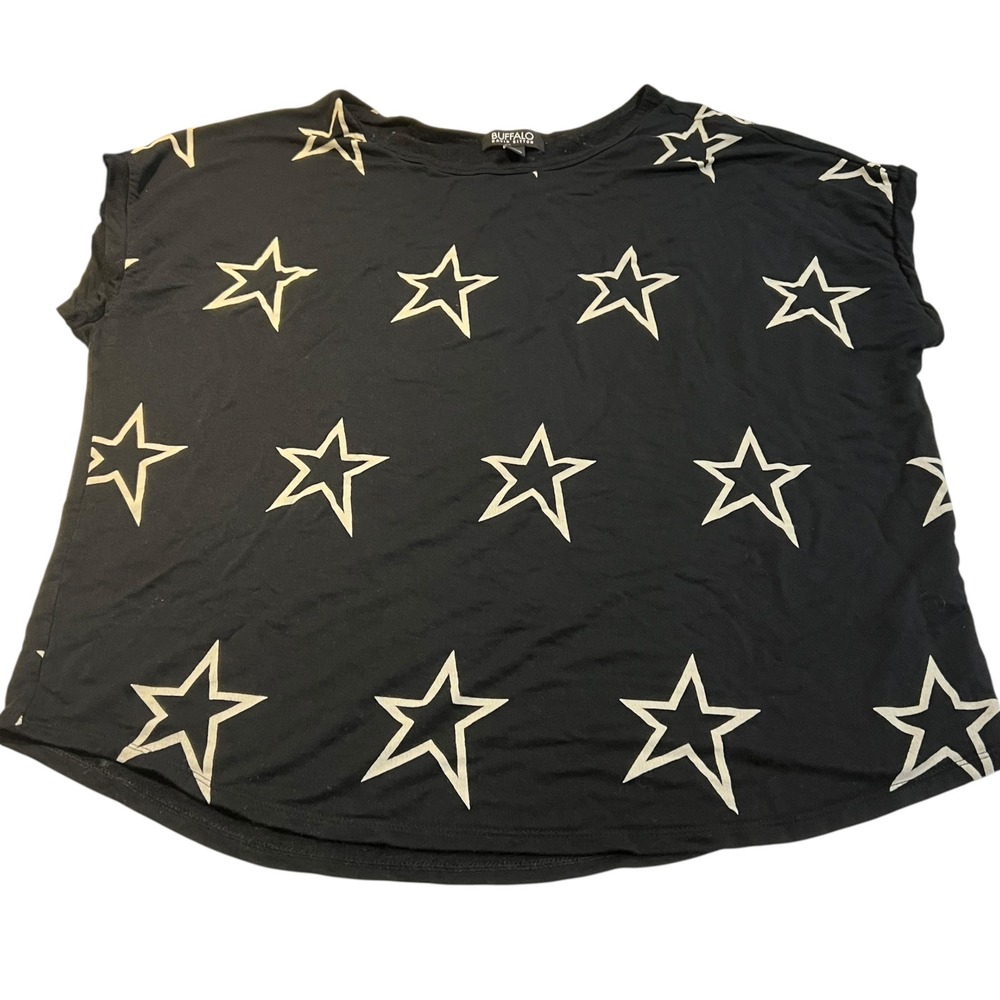 Buffalo by David Bitton Black T-Shirt Tan Open Stars Women's Size Large  Casual‎